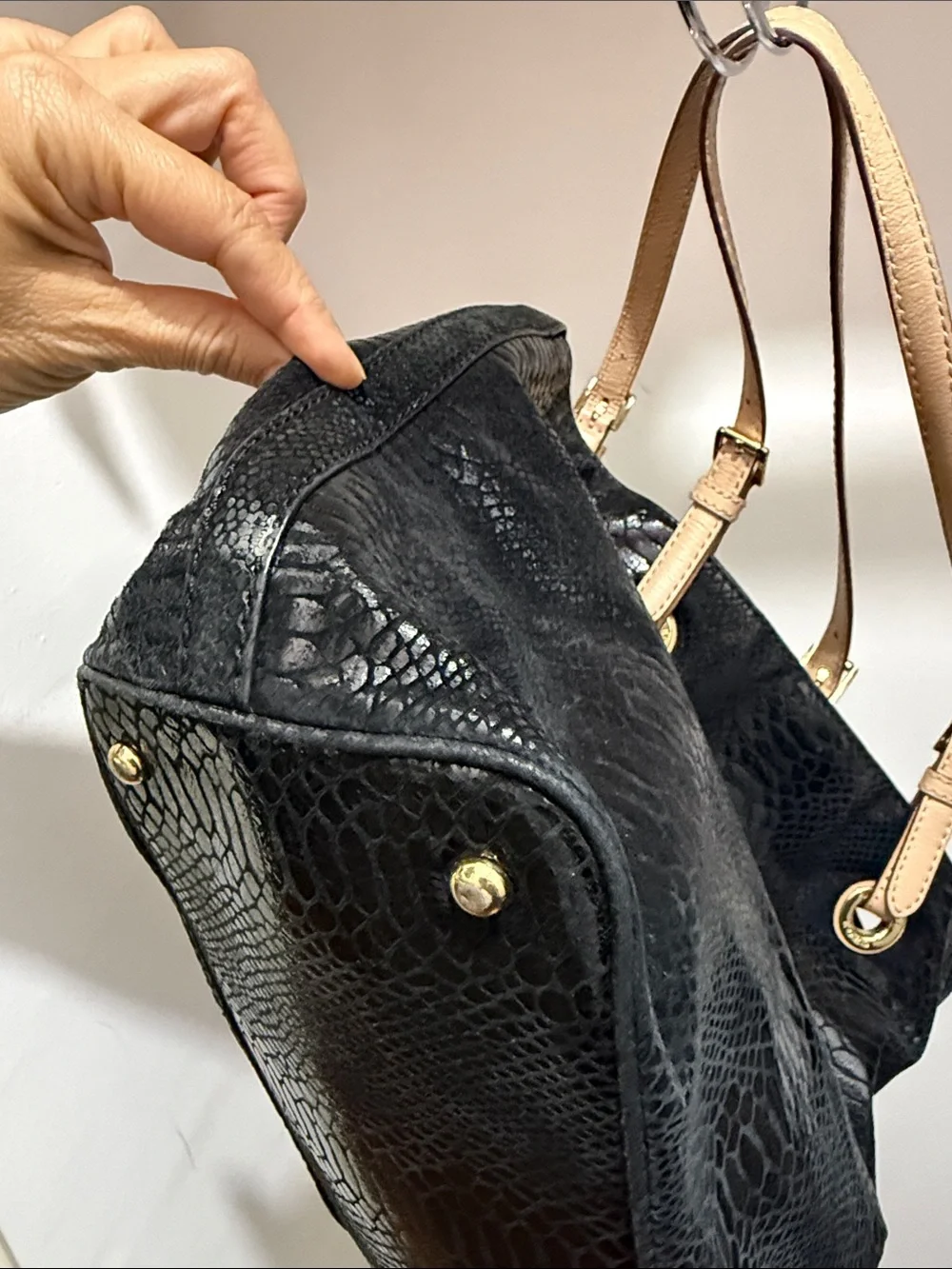 Michael Kors Black Faux-Snake Tote with Tan Shoulder Straps